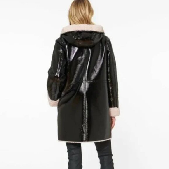 Sanctuary Black Patent Leather w Pink Shearling Lined Hooded Coat - Picture 4 of 8